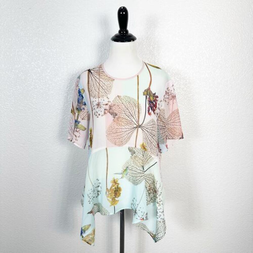 Clover Canyon Women’s Floral Sheer Short Sleeve Asymmetrical Chiffon Top Size XS